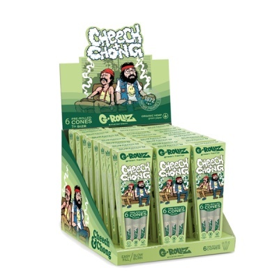 Caixa expositora verde com pacotes de cones pré-enrolados Cheech & Chong