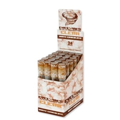 Expositor com 24 tubos Cyclones Clear White Chocolate em plástico translúcido creme e texto marron.