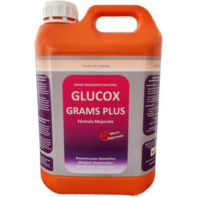 Recipiente plástico laranja com tampa branca de fertilizante GLUCOX GRAMS PLUS