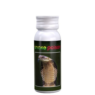 Frasco branco com rótulo preto e imagem de cobra