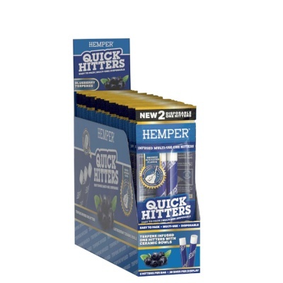 Expositor com várias embalagens azuis de HEMPER Quick Hitters