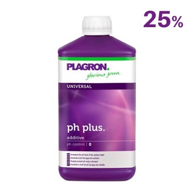 Frasco roxo de aditivo para controlo de pH da marca PLAGRON com texto e etiqueta branca.