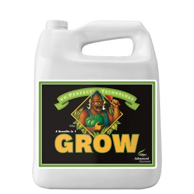 Recipiente branco com rótulo preto e verde com ilustração de gorila e texto GROW