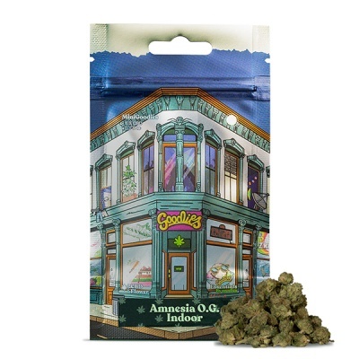 Embalagem colorida com design de fachada de loja e flores de cannabis secas