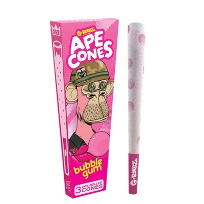 Pack de cones pré-enrolados G-Rollz Ape Cones Bubble Gum com embalagem rosa e desenho de macaco