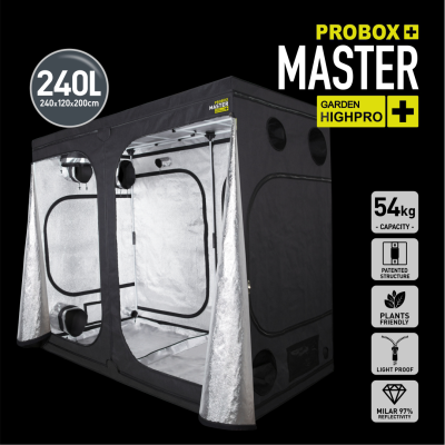 Tenda de cultivo preta e prata com texto PROBOX MASTER GARDEN HIGHPRO