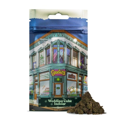 Embalagem azul com ilustração de edifício e texto Goodies Wedding Cake Indoor e flores secas de cannabis