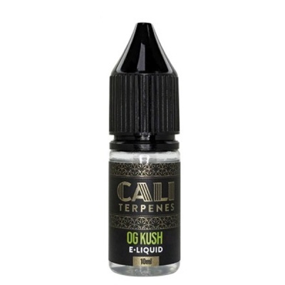 Frasco pequeno de e-liquid OG Kush com tampa preta e rótulo preto e dourado