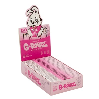 Caixa de papel para enrolar cor-de-rosa G-Rollz Amsterdam com desenho de coelho branco e texto Thug for Life.