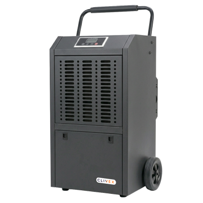 Desumidificador CLIVEX preto com painel digital e rodas