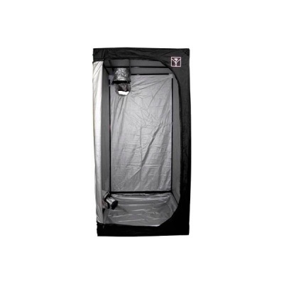 Tenda de cultivo preta com interior prateado e estrutura metálica