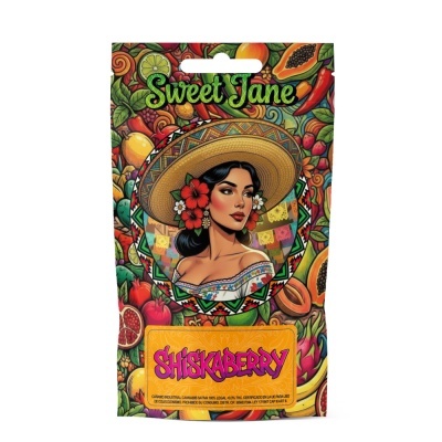 Embalagem colorida com ilustração de mulher e frutas tropicais, texto Sweet Jane e SHISKABERRY