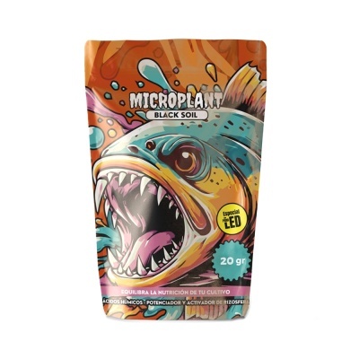 Embalagem colorida com desenho de peixe e texto MICROPLANT BLACK SOIL 20 gr