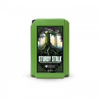 Frasco verde de suplemento potássico com rótulo ilustrado de árvore e texto Sturdy Stalk