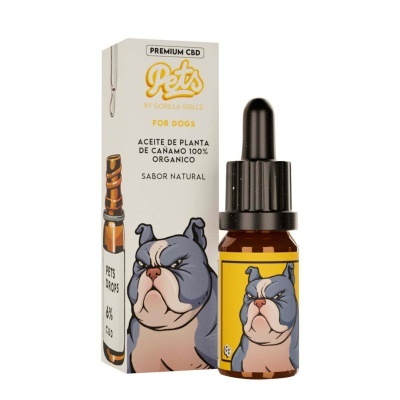 Garrafa de aceite de cânhamo para cães com embalagem branca e rótulo amarelo, desenho de cachorro.