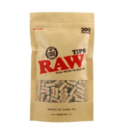 Pacote de filtros RAW Tips em papel castanho com texto vermelho e preto