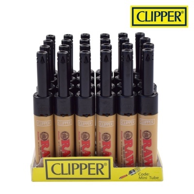 Iscadores Clipper bege com topo preto e logotipo RAW vermelho em suporte amarelo CLIPPER