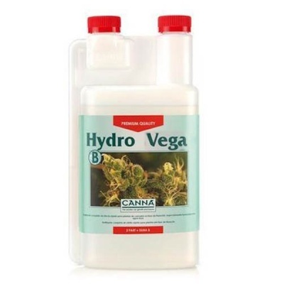 Frasco plástico branco Hydro Vega B com tapa vermelha e rótulo azul claro com imagem de planta