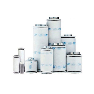 Filtros industriais cilíndricos brancos com tampas metálicas e marcações azuis CAV