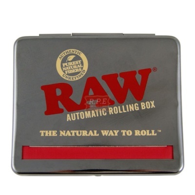 Caixa metálica RAW Automatic Rolling Box em cinzento com letras vermelhas e douradas.