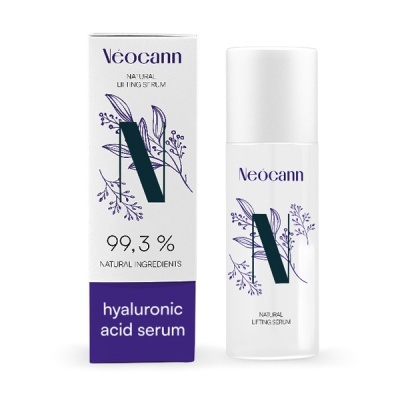 Serum de ácido hialurónico Neócann com embalagem branca e detalhes lilases