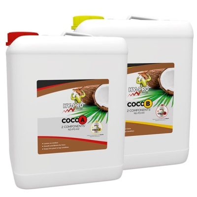 Duas embalagens plásticas brancas com rótulos Hy-Pro Coco A e Coco B
