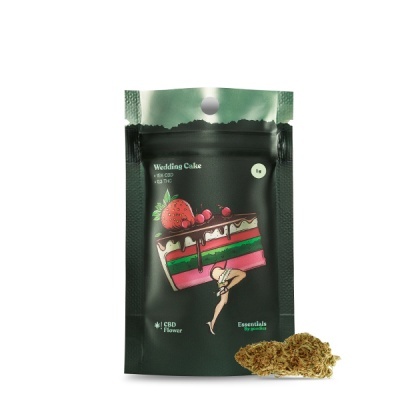 Embalagem de flor de CBD com desenho de bolo colorido e fruta sobre fundo preto