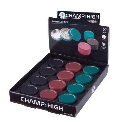 Moedores CHAMP HIGH em display preto com moedores em borracha nas cores preto, vermelho e verde