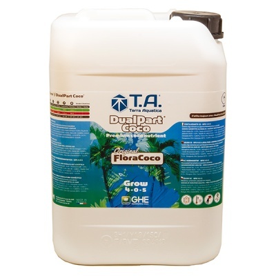 Recipiente de plástico branco com rótulo azul e tampa preta com fertilizante DualPart Coco