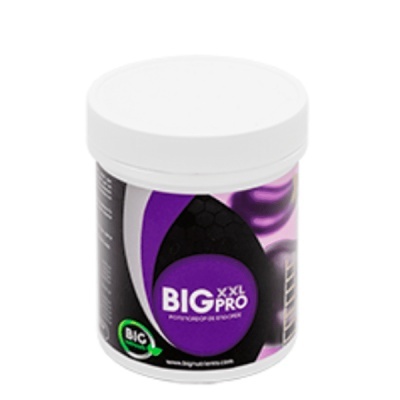 Recipiente branco com etiqueta preta e roxa contendo texto BIG XXL PRO
