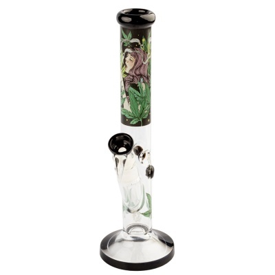 Bong de vidro transparente com decoração de mulher e folhas verdes