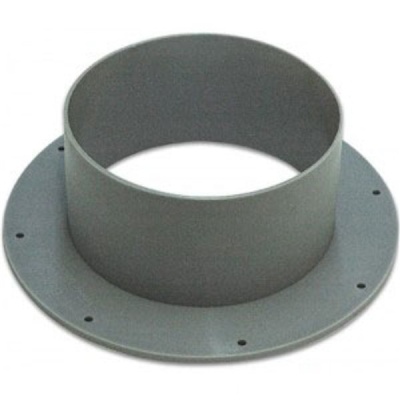Conector metálico cinza para tubos com base circular e furos de fixação