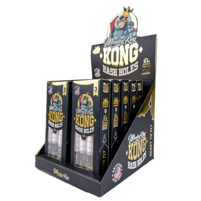 Expositor com caixas pretas do produto Monkey King KONG BASH HOLES e imagem de gorila com coroa.