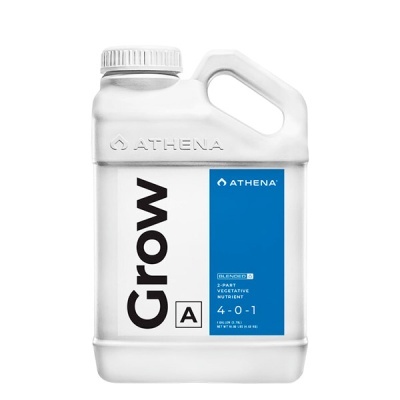 Recipiente plástico branco de fertilizante Grow A com etiqueta azul.
