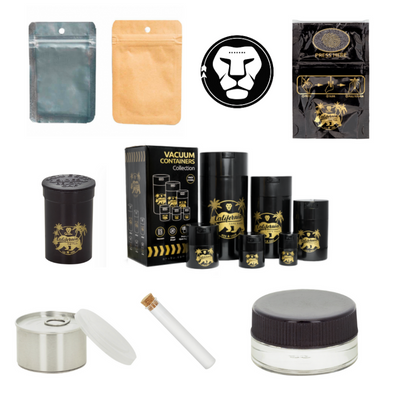 Conjunto de recipientes a vácuo e embalagens ziplock com design preto e dourado