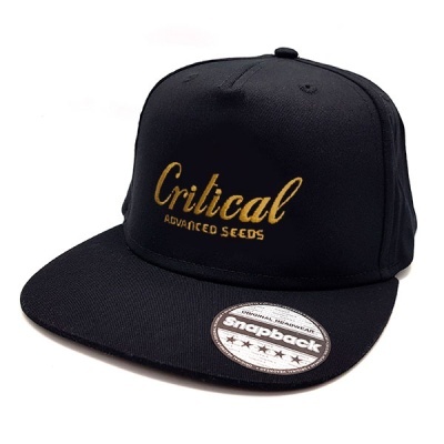 Boné preto com texto bordado 'Critical ADVANCED SEEDS' e etiqueta 'Original SNAPBACK' na aba