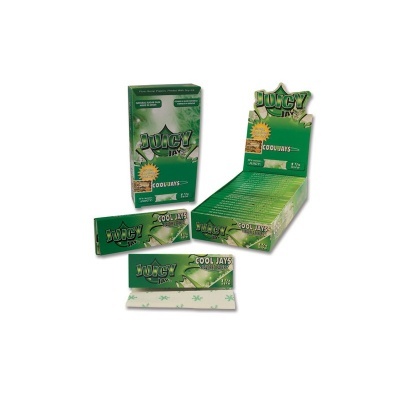 Papel de enrolar JUICY JAY'S verde com caixa aberta e pacotes individuais