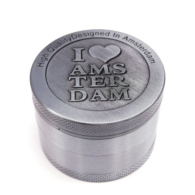 Moedor de metal cinzento com texto I ♥ AMSTERDAM no topo