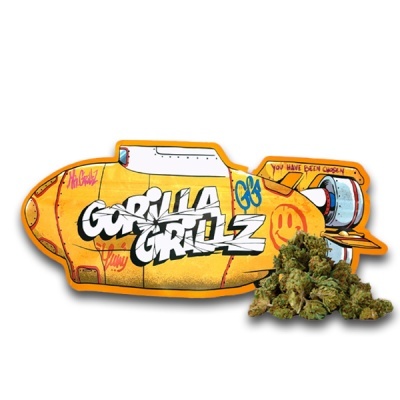 Embalagem amarela em forma de ogiva com texto GORILLA GRILLZ e flores de cannabis