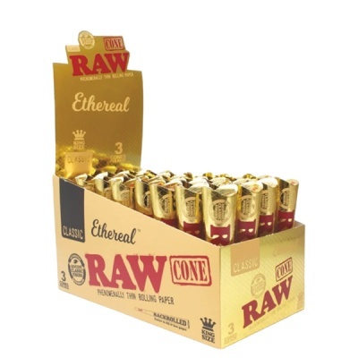 Expositor de cones para tabaco RAW Ethereal Classic dourado com cones embalados