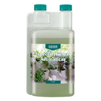 Frasco plástico com líquido verde e etiqueta de plantas aromáticas
