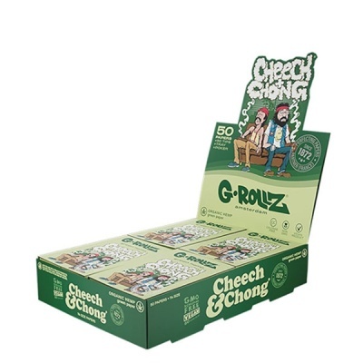 Caixa verde de papelotes G-Rollz Cheech & Chong com ilustração de personagens e texto promocional