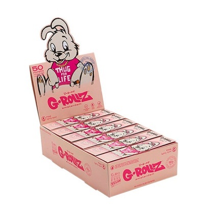 Caixa expositora rosa com embalagens de papel G-Rollz Amsterdam com coelho cinzento