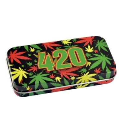 Estojo metálico com folhas de cânhamo coloridas e número 420