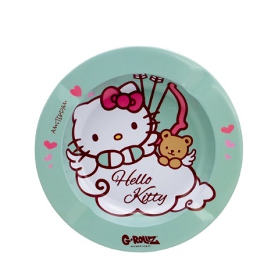 Prato verde água com Hello Kitty e texto