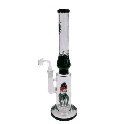 Bong de vidro transparente com decoração interna preta e vermelha e detalhes pretos