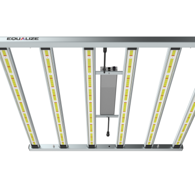 Luminária LED retangular com seis barras e texto EQUALIZE