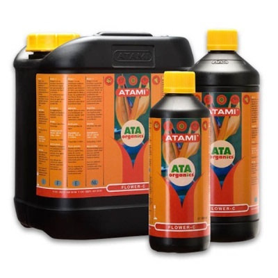 Recipientes de fertilizante ATAMI ATA organics FLOWER-C com tampas amarelas e rótulos coloridos.