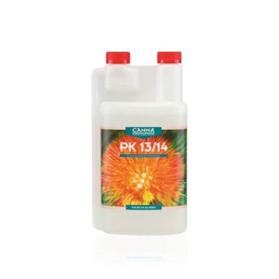Frasco branco de plástico com tampas vermelhas e rótulo colorido CANNA PK 13/14