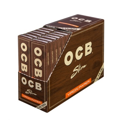 Pacotes de papel para enrolar OCB Slim Virgin Paper castanhos com letras brancas e laranja